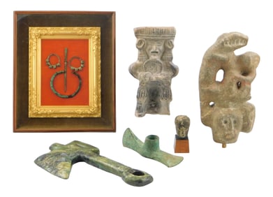 ASIAN: Bronze Luristan Persian/Iranian axe head; carved green hardstone decorative axe; mounted head