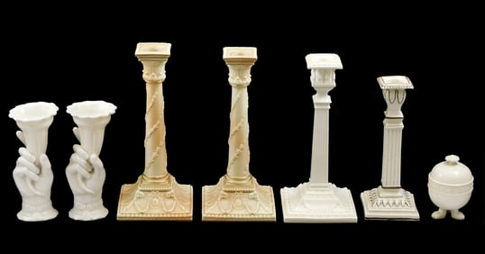 Royal Worchester, Wedgwood etc., two "Mrs. Hadley's Hand" vases, three candlesticks, one footed