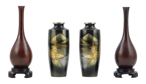 ASIAN: Four Japanese metal vases, including: pair of bronze teardrop form vases with a slender