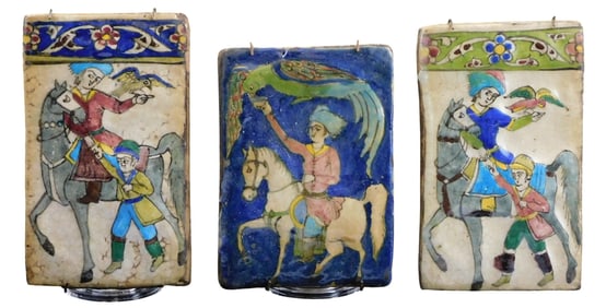 ASIAN: Three Persian style tiles, all fitted for mounting on wall, depicting huntsmen on horseback: