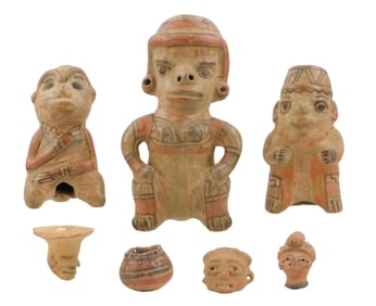 Pre-Columbian terracotta figures and small bowl, seven pieces total, Costa Rica, Guatemala, Mexico,