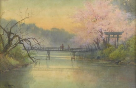 20th C. Japanese-themed landscape, watercolor on paper, large calm waterway cuts through landscape