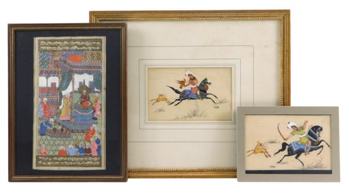 Three Persian paintings, 19th/20th C., two on bone-type support, the third an illuminated