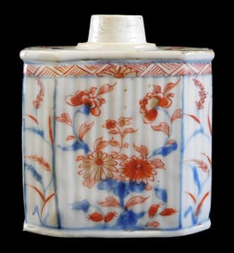 ASIAN: Imari tea caddy, Chinese export, c. 1700, hexagonal shape with red, blue, and gilt details,