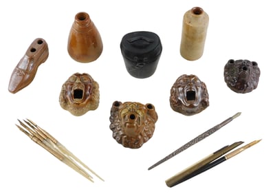 STERLING: Sterling dip pen, gold-plated nib dip pens, salt-glazed inkwells, etc., sixteen pieces