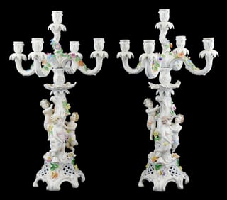 Pair of Dresden porcelain five-light candelabra, early 20th C., attributed to the Carl Thieme Saxoni