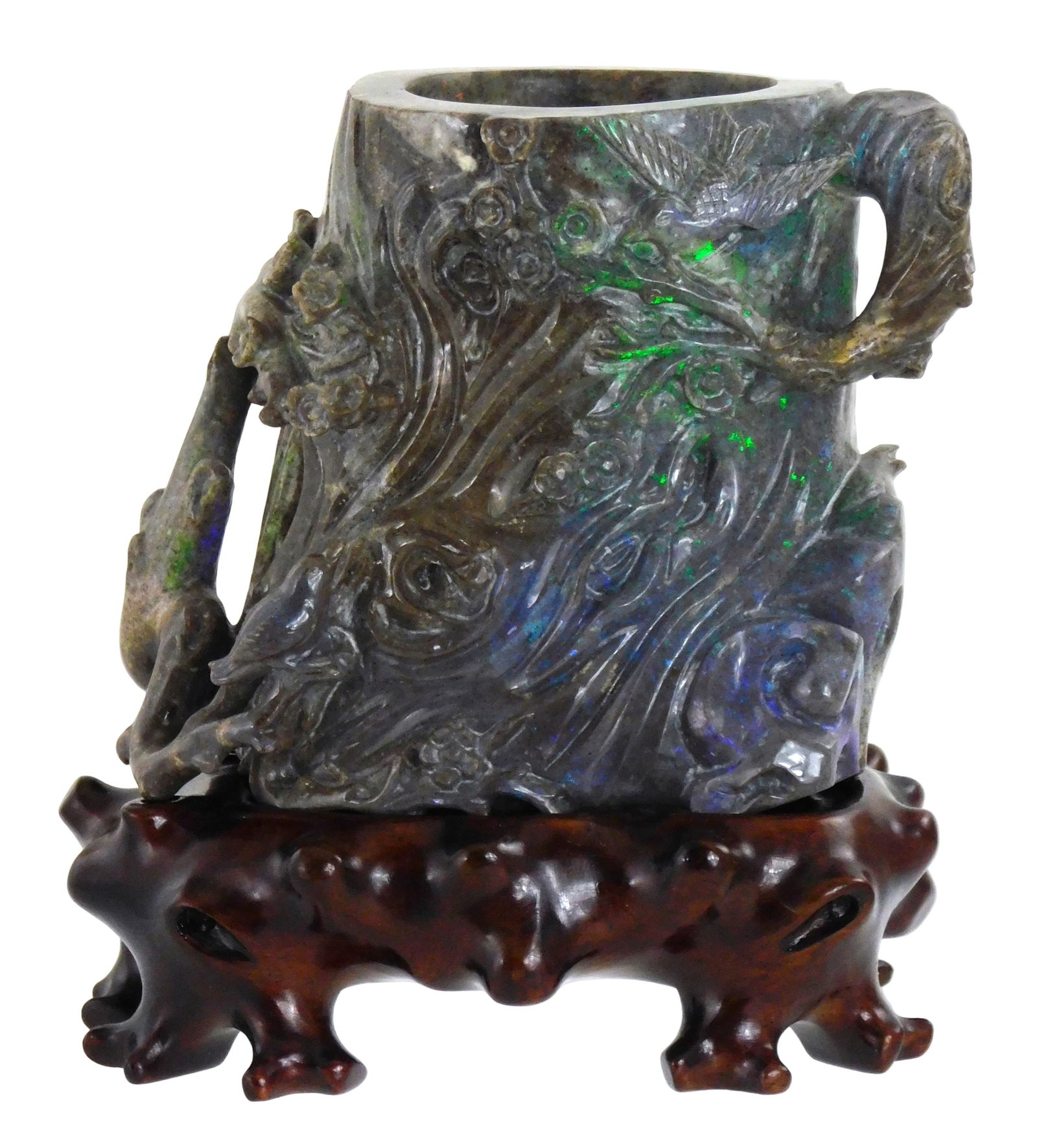 ASIAN: Carved hardstone vase, probably Boulder opal, Chinese, likely 20th C., modeled as a tree trun (1 of 3)