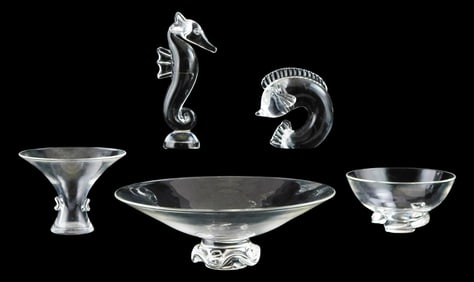 GLASS: Steuben crystal art glass, five signed pieces, including: "Leaping Dolphin", #7880, designed