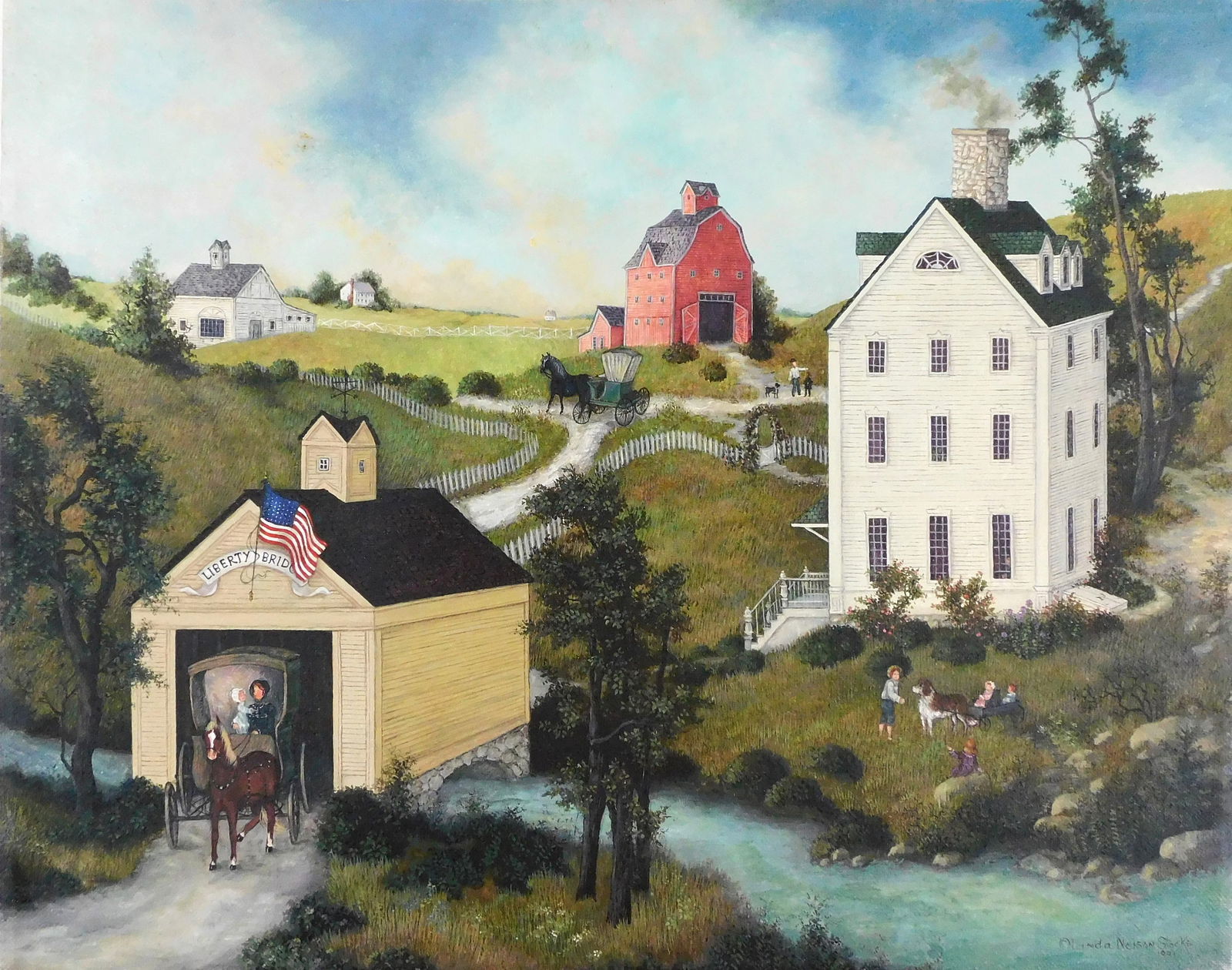 Linda Nelson Stocks, "Untitled (Liberty Bridge)", 1991, oil on canvas, signed and dated lower right, (1 of 5)