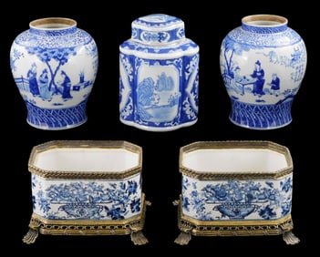 ASIAN: Blue and white porcelain, five pieces, modern, details include: pair of Chinese style jars wi