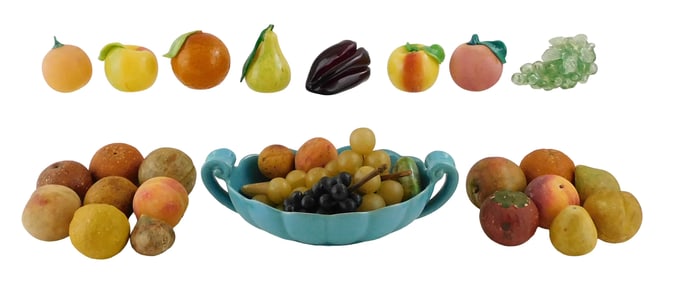 Large variety of stone and glass decorative fruits, 20th C., 25+ pieces, details include: bowl of gl
