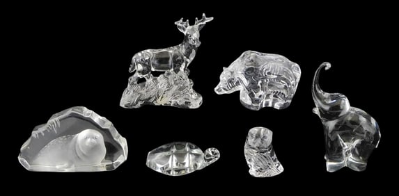 ART GLASS: Waterford, Orrefors, etc., six signed glass animal figurines, 20th C., details include: W