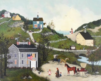 Linda Nelson Stocks, "Coming for Tea", 1991, oil on canvas, signed and dated lower right, titled and