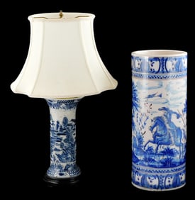 Ceramic umbrella stand and table lamp: Faience umbrella stand, probably Spanish, 20th C., decorated