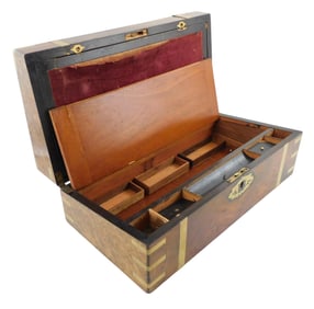 19th C. lap desk with inlaid brass details, burlwood veneer to three sides, inset brass straps, corn