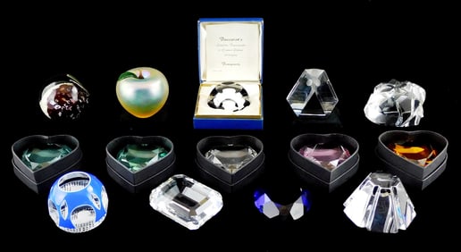 Tiffany, Baccarat, Rosenthal, etc., fourteen signed paperweights, details include: Tiffany emerald c