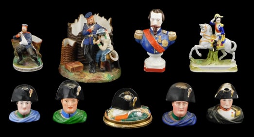 Nine military figurines and inkwells, some continental, details include: Scheibe-Alsbach Davoust Nap