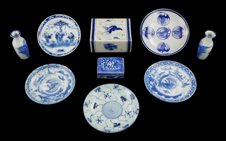 ASIAN: Chinese porcelain, Qing Dynasty and later, nine pieces, all with blue and white decoration of