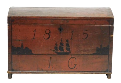 Storage chest, American, late 18th-19th C., with ship painting, pine, dovetailed construction, domed