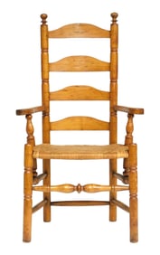 18th C. Connecticut banister back side chair, mushroom cap finials, down curved crest with three mol