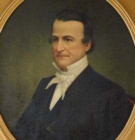 Mid 19th C. portrait of gentleman, oil on canvas, dressed in black with high collared shirt and crav