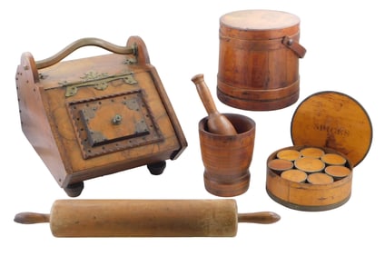 Six treenware pieces, details include: large primitive firkin bucket with lid and handle, imprinted