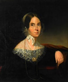 19th C. American School portrait of woman in black gown with lace trim, oil on canvas, she sits gazi