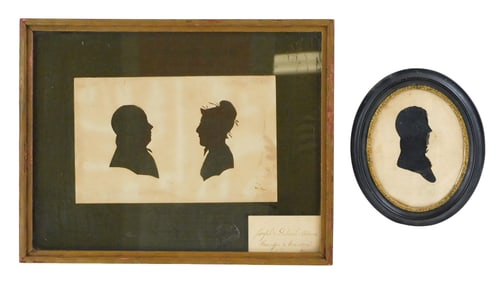 Three 19th C. framed hollow-cut silhouettes, details include: younger gentleman labelled "Taken Feb.