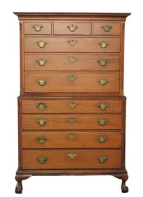 Chippendale chest on chest, New York, c.1770, mahogany and poplar, flat top case with cove molding w