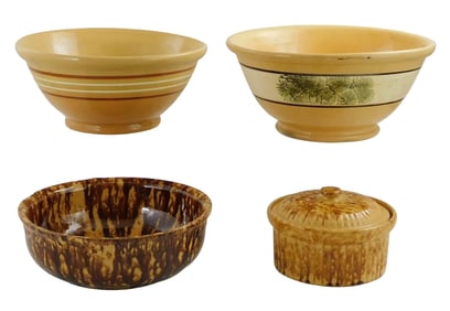 Yellowware, four pieces, details include: large banded mocha mixing bowl, central white band with bl