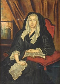 18th/19th C. oil on panel naive rendition of Elizabeth Schuyler, wife of Johannes Schuyler (the tent