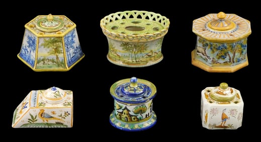 Five majolica inkwells and one multi-hole pot, six pieces, Italian and Spanish, details include: Tal