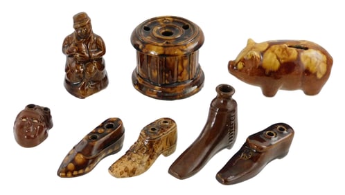 Bennington/Rockingham wares, eight pieces, six inkwells, two coin banks, all unmarked, details inclu
