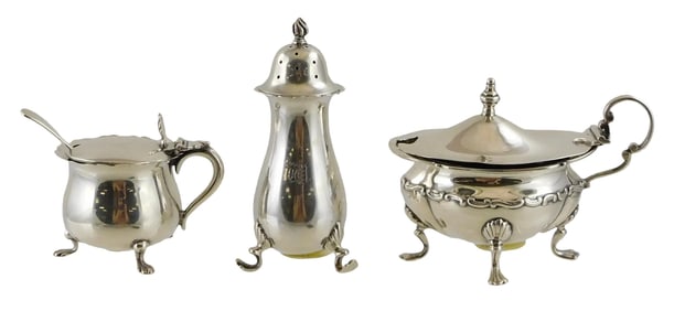 SILVER: Three English silver condiment pieces, all stamped, c.1900-1926, two hinged lid three-footed