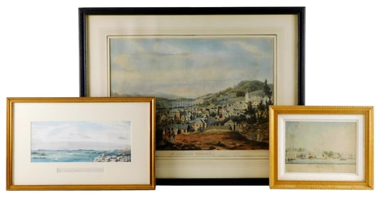 Three 19th C. depictions of St. Georges, Bermuda, all matted, framed, and signed, details include: M