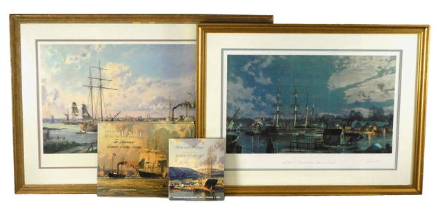 Two John Stobart (American, 1929 - 2023) offset lithographs and two books, four pieces, details: Two John Stobart (American, 1929 - 2023) offset lithographs and two books, four pieces, details include: "Detroit: A View of the City from the Canadian Shore, c. 1838", limited edition print, ed. 78/7