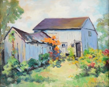 Jane Gray Bradley (American, b. 1885), oil on canvas board, summer farm scene featuring grey barn an