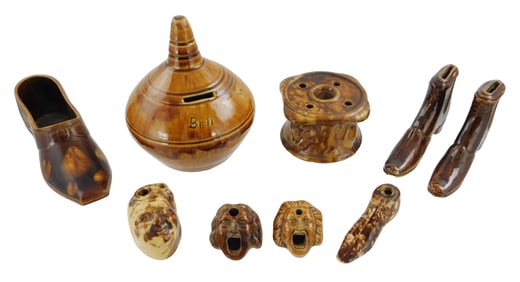 Bennington/Rockingham wares, nine pieces, unmarked, details include: two bellowing man inkwells, one