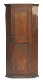 Corner cabinet, American, 19th C., diminutive pine, wall or built-in, two panel framed door lock and