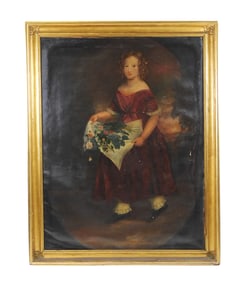 Late 19th naive portrait of a young girl, oil on canvas, framed, depicts full standing portrait of b