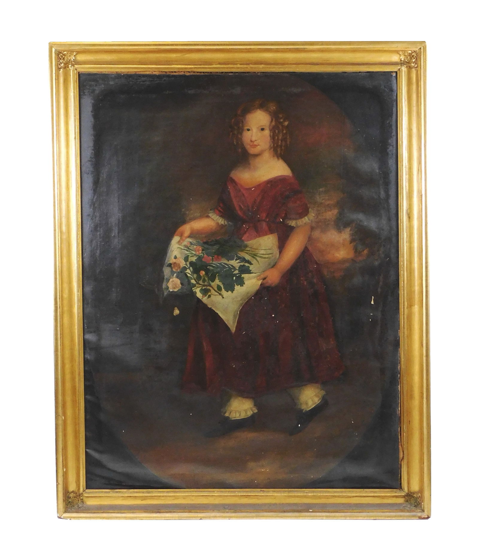 Late 19th naive portrait of a young girl, oil on canvas, framed, depicts full standing portrait of b: Late 19th naive portrait of a young girl, oil on canvas, framed, depicts full standing portrait of blue-eyed girl with face framed by blonde ringlets, red dress with white pantalettes and lace trim, h