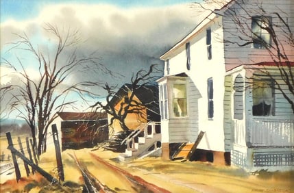 Everett Sahrbeck (American, 1910-1995), watercolor on paper, farmhouse landscape scene depicting a w