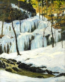 Arthur James Emery Powell (American, 1864-1956), oil on canvas, mid-winter scene depicting multi-lev
