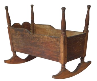 Cradle, American, early 18th C., hardwood possibly walnut, high vase turned corner posts with ball t