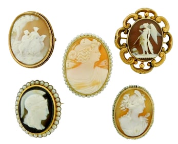CAMEOS: Five Cameo pin/pendants, in tested or stamped 14K gold frames, four traditional orange and w