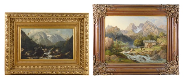 Two early 20th C. alpine landscapes with stream motif, oil on canvas, unsigned, ornately framed, lar