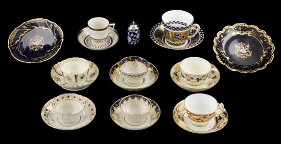 Coalport, Copeland, Spode, etc., nineteen gilt and cobalt porcelain pieces, details include: Spode t