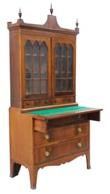 19th C. flip top secretary desk with glazed door bookcase upper cabinet, contrasting inlaid wood det