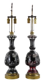 Pair of cranberry cut-to-clear glass vase lamp base, vases modified later into lamps, bohemian style