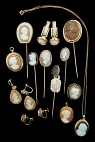 CAMEOS: Collection of 14K cameos including six stick pins, three pendants (one stamped 18k), two pai